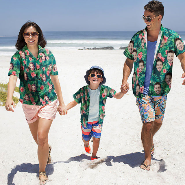 Picture of Custom Face Photo Hawaiian Shirt for Family - Personalized Short Sleeve Beach Party Summer Shirts - Pineapple Pattern - Best Holiday Gifts for Family Members