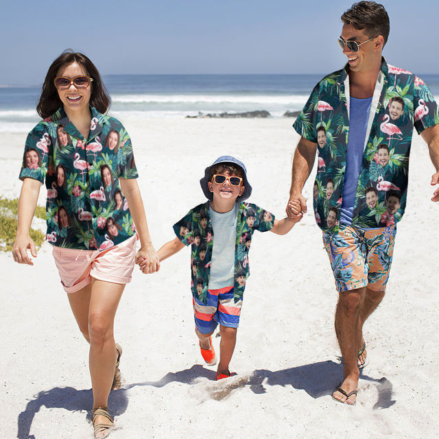 Picture of Custom Face Photo Hawaiian Shirt for Family - Personalized Short Sleeve Beach Party Summer T-Shirts - Flamingo - Best Holiday Gifts for Family Members