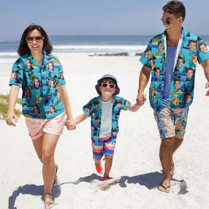 Picture of Custom Face Photo Hawaiian Shirts for Family - Personalized Short Sleeve Beach Party Summer T-Shirts - Blue Beach - Best Holiday Gifts for Family Members