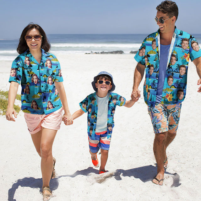 Picture of Custom Face Photo Hawaiian Shirts for Family - Personalized Short Sleeve Beach Party Summer T-Shirts - Blue Beach - Best Holiday Gifts for Family Members