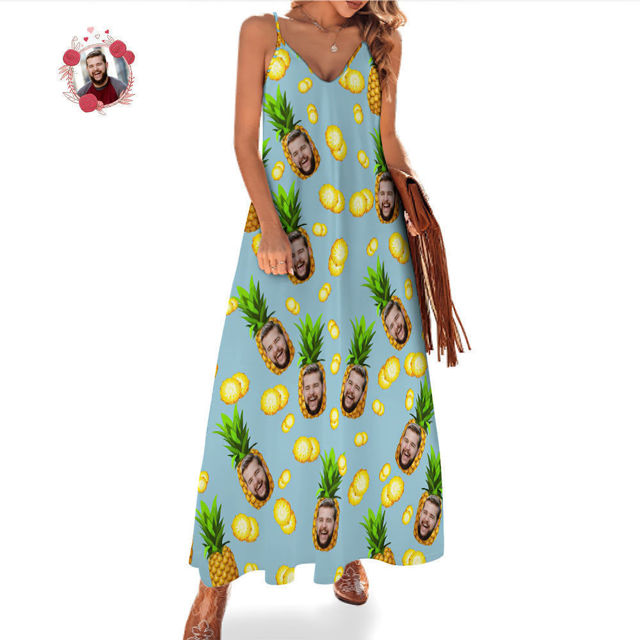 Picture of Custom Face Photo Hawaiian Style Big Pineapple Long Dress and Shirt Family Matching - Beach Party T-Shirts - Best Summer Holiday Gifts for Family Members