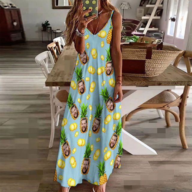 Picture of Custom Face Photo Hawaiian Style Big Pineapple Long Dress and Shirt Family Matching - Beach Party T-Shirts - Best Summer Holiday Gifts for Family Members