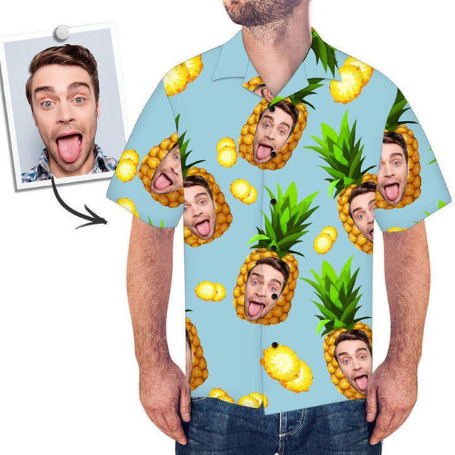 Picture of Custom Face Photo Hawaiian Style Big Pineapple Long Dress and Shirt Family Matching - Beach Party T-Shirts - Best Summer Holiday Gifts for Family Members