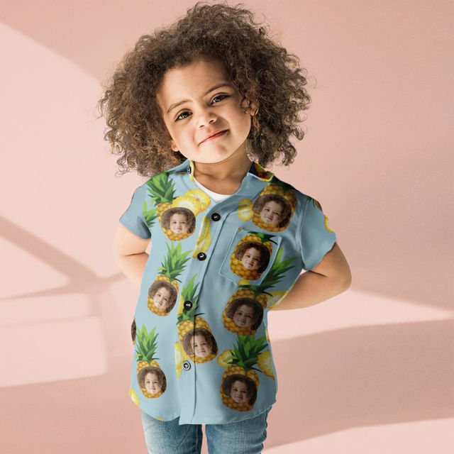 Picture of Custom Face Photo Hawaiian Style Big Pineapple Long Dress and Shirt Family Matching - Beach Party T-Shirts - Best Summer Holiday Gifts for Family Members