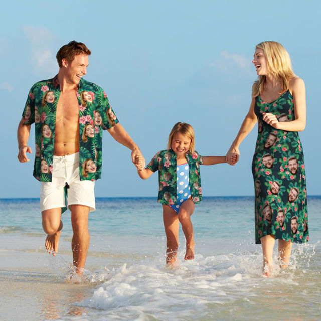 Picture of Custom Face Photo Hawaiian Style Red Flowers Long Dress & Shirts Family Matching Beach Party T-Shirts as Best Summer Holiday Gifts for Family Members