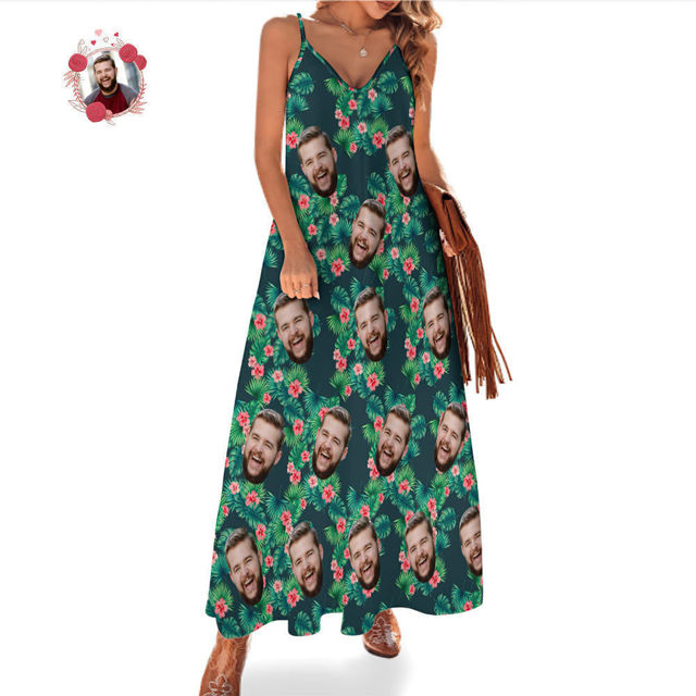Picture of Custom Face Photo Hawaiian Style Red Flowers Long Dress & Shirts Family Matching Beach Party T-Shirts as Best Summer Holiday Gifts for Family Members