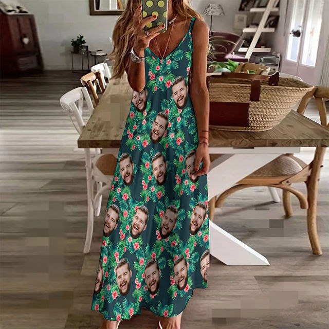 Picture of Custom Face Photo Hawaiian Style Red Flowers Long Dress & Shirts Family Matching Beach Party T-Shirts as Best Summer Holiday Gifts for Family Members