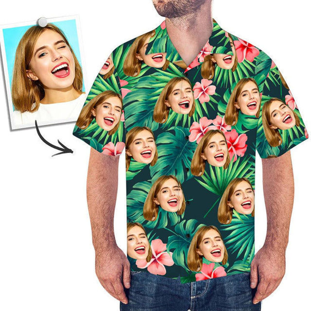 Picture of Custom Face Photo Hawaiian Style Red Flowers Long Dress & Shirts Family Matching Beach Party T-Shirts as Best Summer Holiday Gifts for Family Members