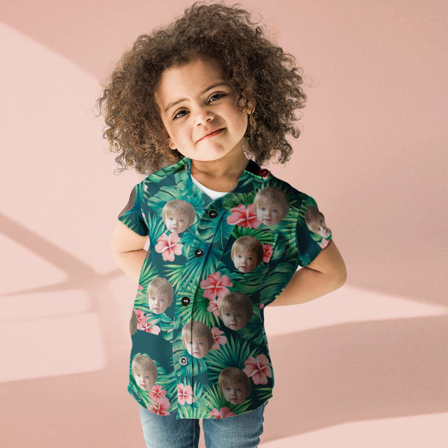 Picture of Custom Face Photo Hawaiian Style Red Flowers Long Dress & Shirts Family Matching Beach Party T-Shirts as Best Summer Holiday Gifts for Family Members