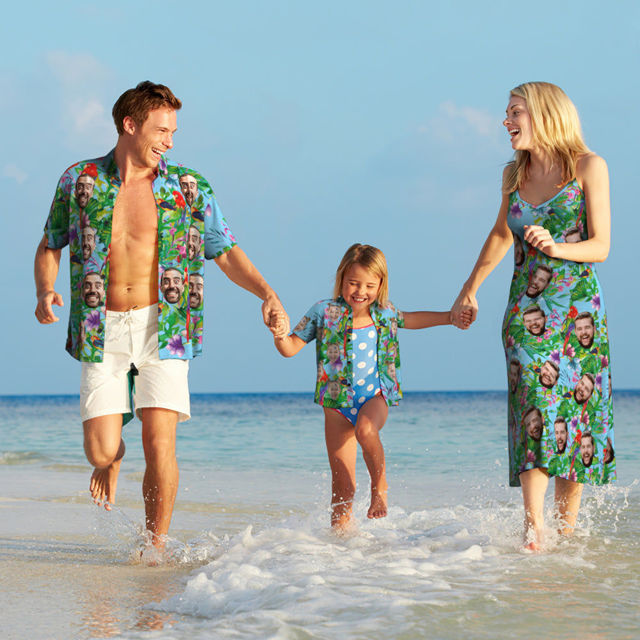 Picture of Custom Photo Face Hawaiian Set for Family - Long Dress and Shirt Family Matching - Beach Party Shirts as Best Summer Holiday Gifts for Family Members