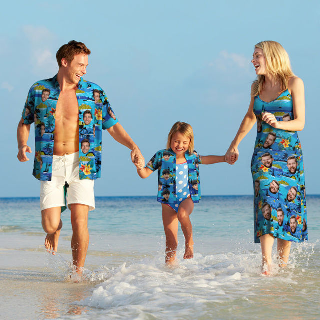Picture of Custom Photo Face Hawaiian Set for Family - Long Dress and Shirt Family Matching - Beach Party T-Shirts as Summer Holiday Gifts for Family Members