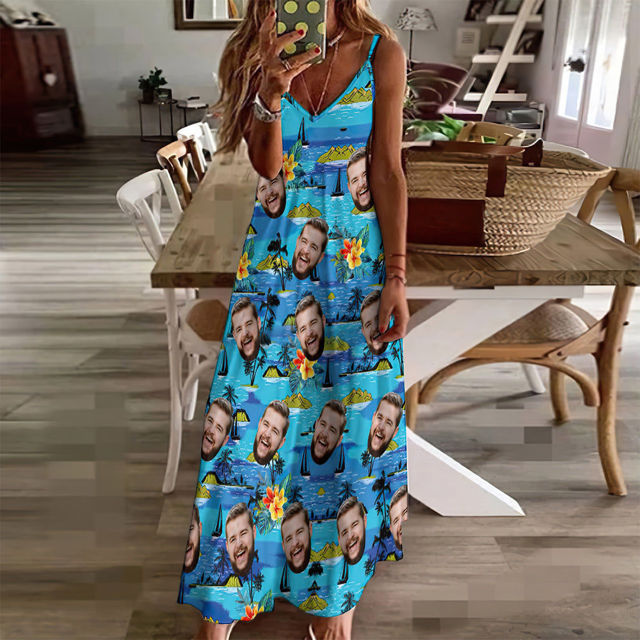 Picture of Custom Photo Face Hawaiian Set for Family - Long Dress and Shirt Family Matching - Beach Party T-Shirts as Summer Holiday Gifts for Family Members