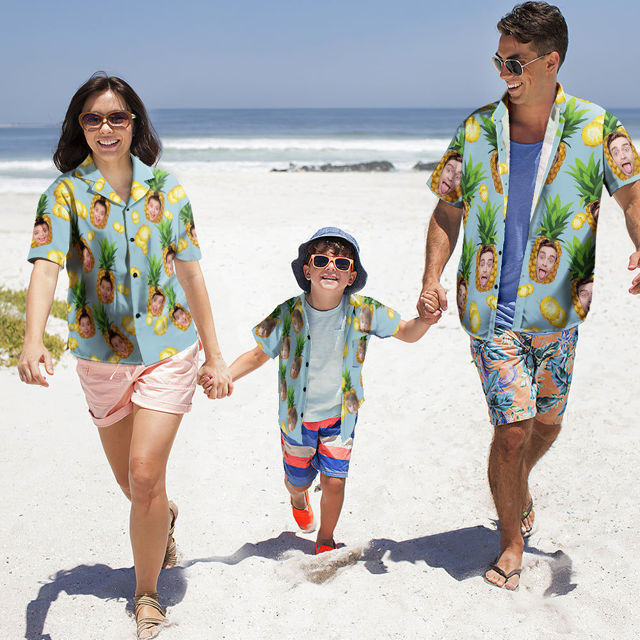 Picture of Custom Photo Face Hawaiian Shirt for Family - Personalized Short Sleeve Beach Party Summer Shirts - Pineapple Pattern - Holiday Gifts for Family Members
