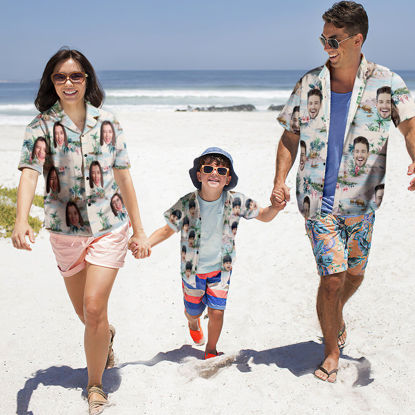 Picture of Custom Photo Face Hawaiian Shirt for Family - Personalized Short Sleeve Beach Party Summer T-Shirts - White Sand Beach Pattern for Family Members