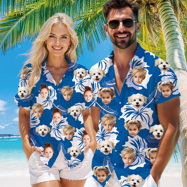 Picture of Custom Face Hawaiian Shirt for Family - Custom Hawaiian Shirt for Men, Women and Kids - Blue Pattern - Beach Party and Summer Vacation Gift for Family Members