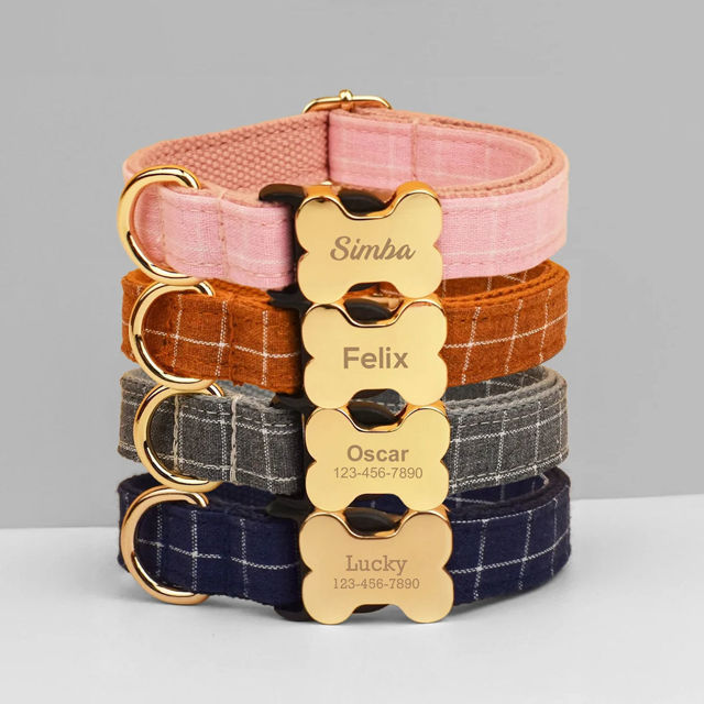 Picture of Personalized Pet Name Collar - Grid Series - Engraved Pet Name Dog Bone Tag - Best Gift for Pets