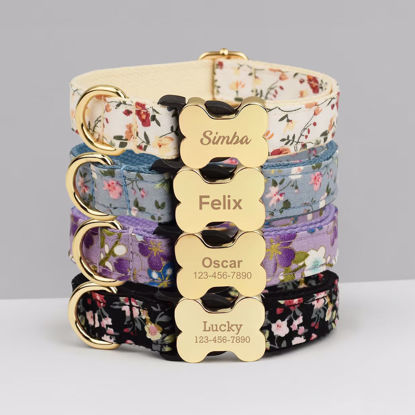 Picture of Personalized Pet Name Collar - Small Floral Series - Personalized Engraved Pet Name Dog Bone Tag - Gift for Pets