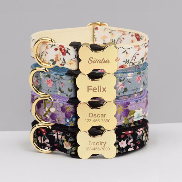 Picture of Personalized Pet Name Collar - Small Floral Series - Personalized Engraved Pet Name Dog Bone Tag - Gift for Pets