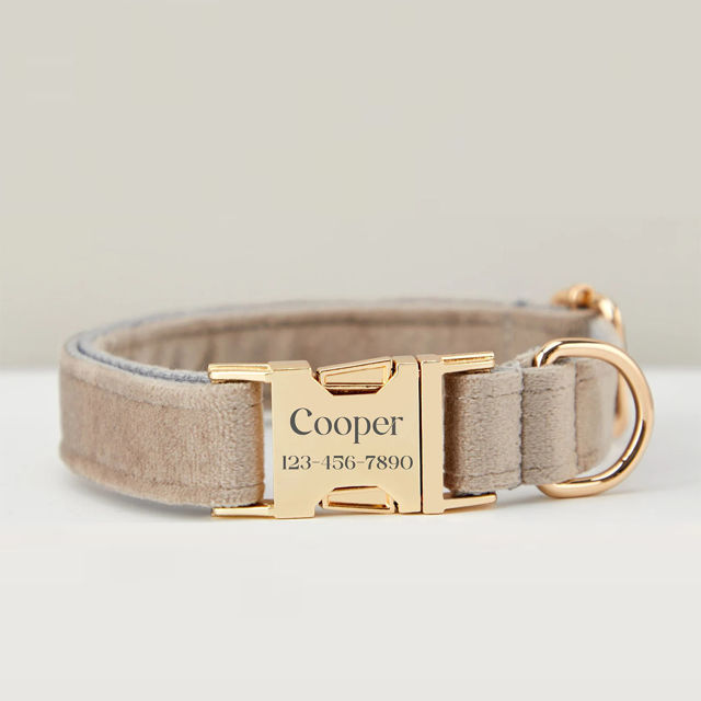 Picture of Personalized Dog Collar Leash Set with Bowtie - Personalized Pet Name Plate Metal Buckle - Multiple Color Velvet Pet Collar - Wedding Puppy Gift