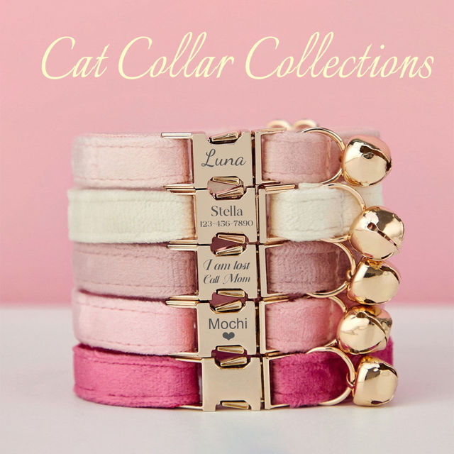 Picture of Personalized Cat Name Collar Set- Personalized Multiple Color Velvet Cat Collar - Engraved Pet Name Tag Metal Buckle - Wedding and Christmas Puppy Gift