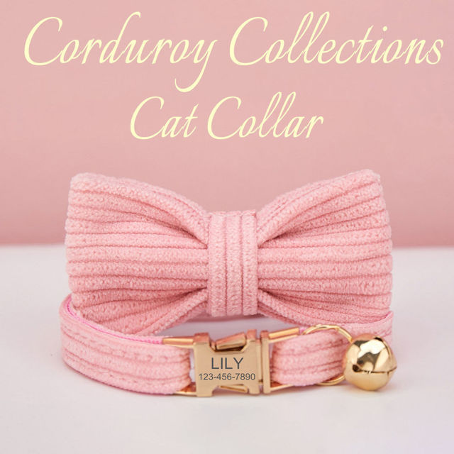 Picture of Personalized Corduroy Cat Collar Leash Set - Personalized Engraved Pet Name Metal Buckle - Wedding and Christmas Puppy Gift