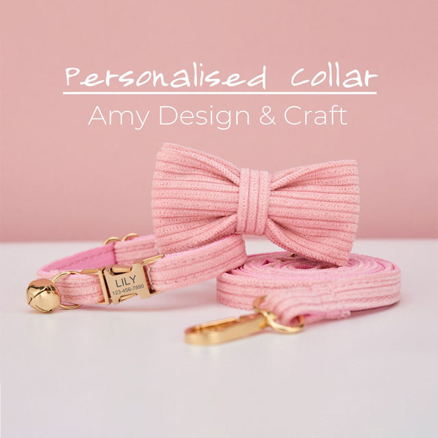 Picture of Personalized Corduroy Cat Collar Leash Set - Personalized Engraved Pet Name Metal Buckle - Wedding and Christmas Puppy Gift