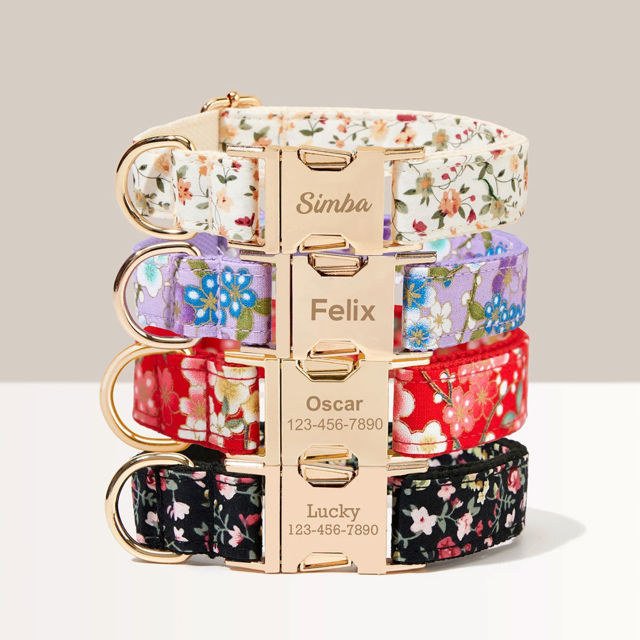 Picture of Personalized Pet Name Collar - Small Floral Series - Engraved Pet Name Square Tag - Personalized Gift for Pets