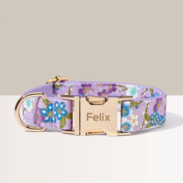 Picture of Personalized Pet Name Collar - Small Floral Series - Engraved Pet Name Square Tag - Personalized Gift for Pets