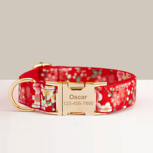 Picture of Personalized Pet Name Collar - Small Floral Series - Engraved Pet Name Square Tag - Personalized Gift for Pets