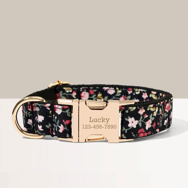Picture of Personalized Pet Name Collar - Small Floral Series - Engraved Pet Name Square Tag - Personalized Gift for Pets