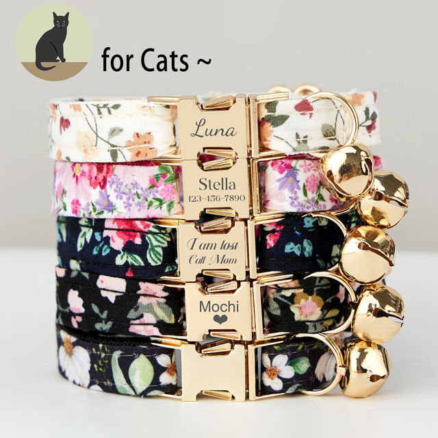 Picture of Personalized Cat Name Collar Set - Floral Series - Engraved Pet Name Tag Metal Buckle - Summer Personalized Gift for Cats