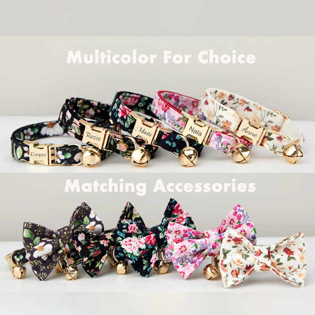 Picture of Personalized Cat Name Collar Set - Floral Series - Engraved Pet Name Tag Metal Buckle - Summer Personalized Gift for Cats