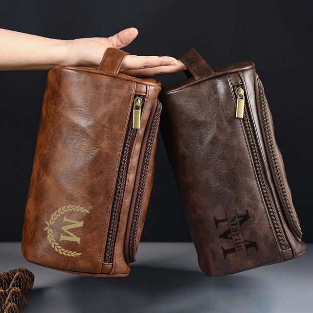 Picture of Custom Lasered Leather Toiletry Bag for Men | Personalized Groomsmen Gifts | Travel Bag For Men