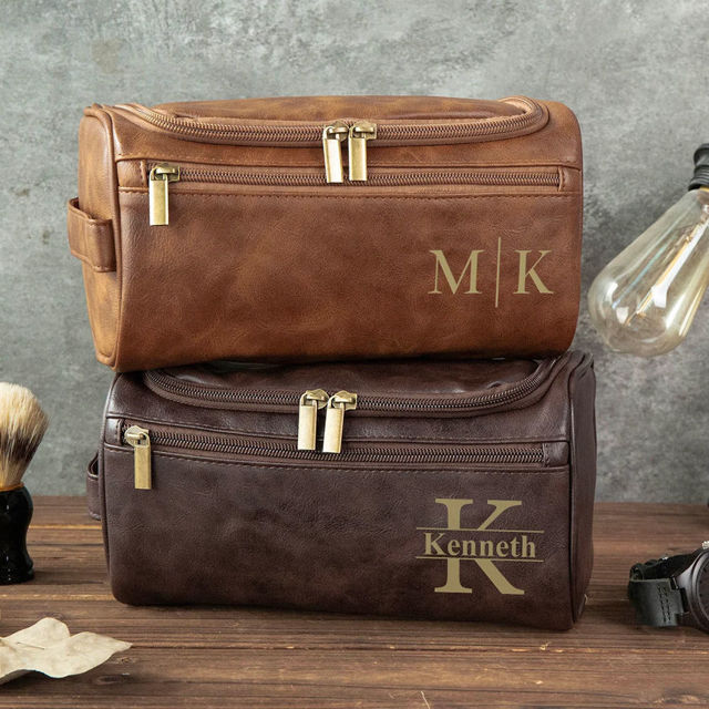 Picture of Custom Lasered Leather Toiletry Bag for Men | Personalized Groomsmen Gifts | Travel Bag For Men