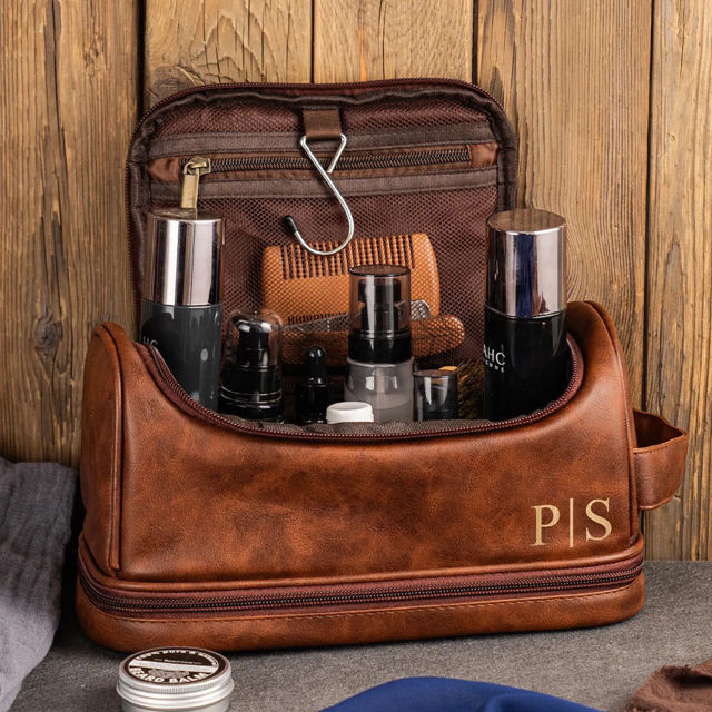 Picture of Custom Double Layer Leather Toiletry Bag | Personalized Groomsmen Gifts | Travel Bag For Dad