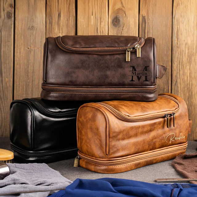 Picture of Custom Double Layer Leather Toiletry Bag | Personalized Groomsmen Gifts | Travel Bag For Dad