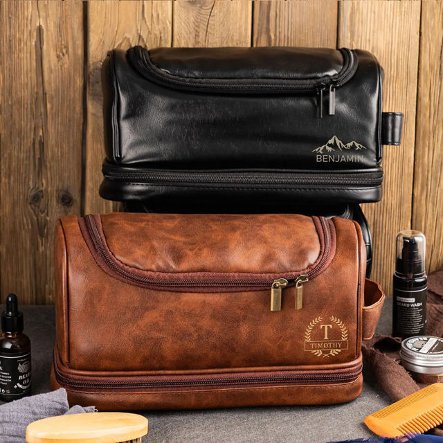 Picture of Custom Double Layer Leather Toiletry Bag | Personalized Groomsmen Gifts | Travel Bag For Dad