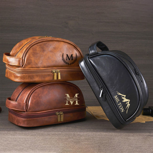 Picture of Custom Double Layer Leather Toiletry Bag for Men | Personalized Groomsmen Gifts | Gift for Father's Day