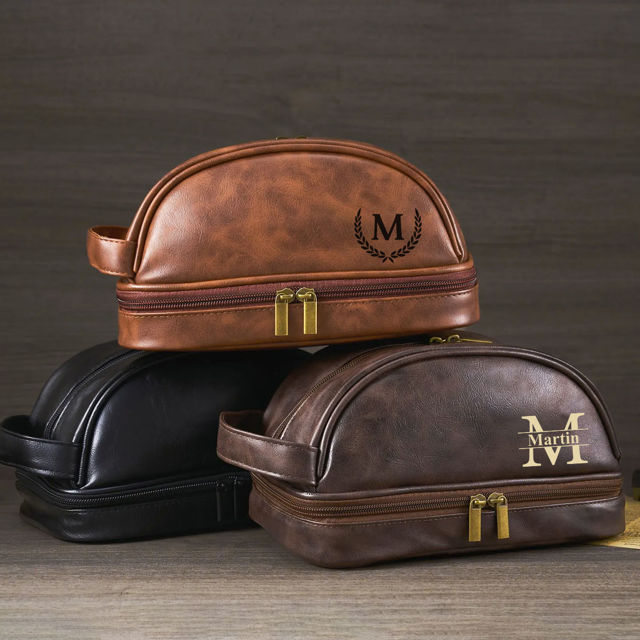 Picture of Custom Double Layer Leather Toiletry Bag for Men | Personalized Groomsmen Gifts | Gift for Father's Day