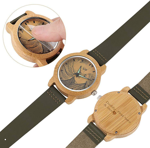 Picture of Personalized Watches - Custom Bamboo Wood Photo Watches - Engraved with Text, Great Birthday Gifts for Women and Men