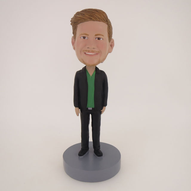 Picture of Custom Bobblehead Doll: Man In Black Jacket With Inner Green TShirt