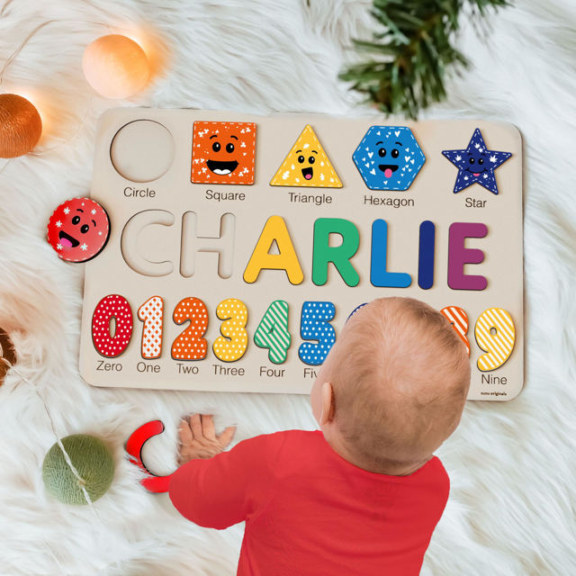 Picture of Personalized Wooden Puzzle Name Board - Graphics and Figures - Rainbow Colors - Custom Toy Gift for Baby and Kids