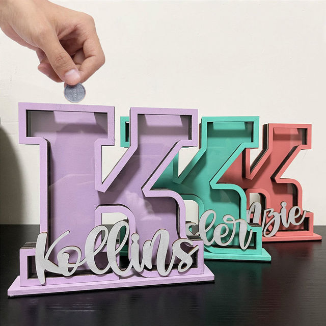 Picture of Personalized Colorful Wooden Letter Piggy Bank - Custom Name Coin Bank for Kids & Adults - Decorative Alphabet Money Box Gift