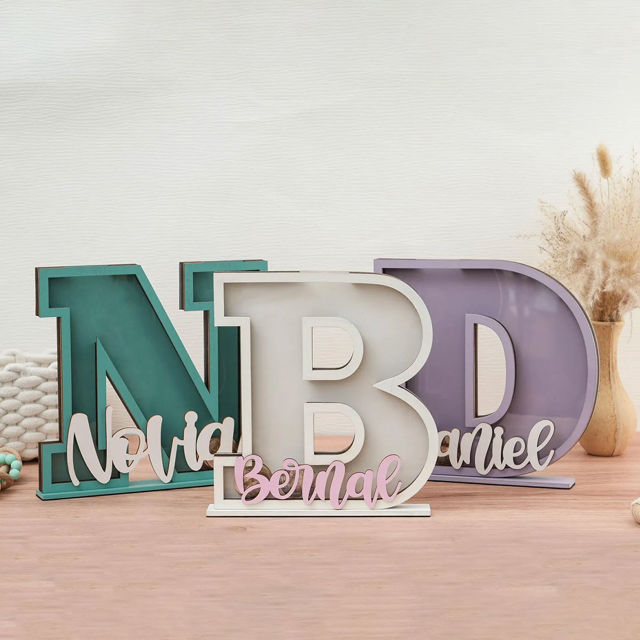 Picture of Personalized Colorful Wooden Letter Piggy Bank - Custom Name Coin Bank for Kids & Adults - Decorative Alphabet Money Box Gift