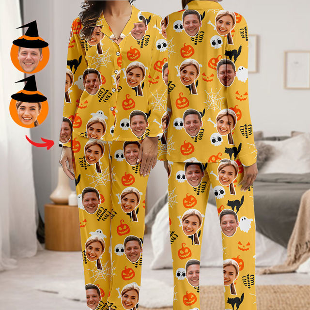 Picture of Personalized Pajamas - Halloween Theme Custom Pajamas - Personalized Face Long Sleeve Pajama Set - Yellow Pumpkin Ghost Theme