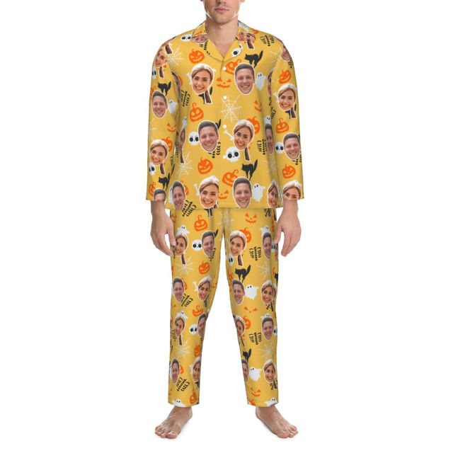 Picture of Personalized Pajamas - Halloween Theme Custom Pajamas - Personalized Face Long Sleeve Pajama Set - Yellow Pumpkin Ghost Theme