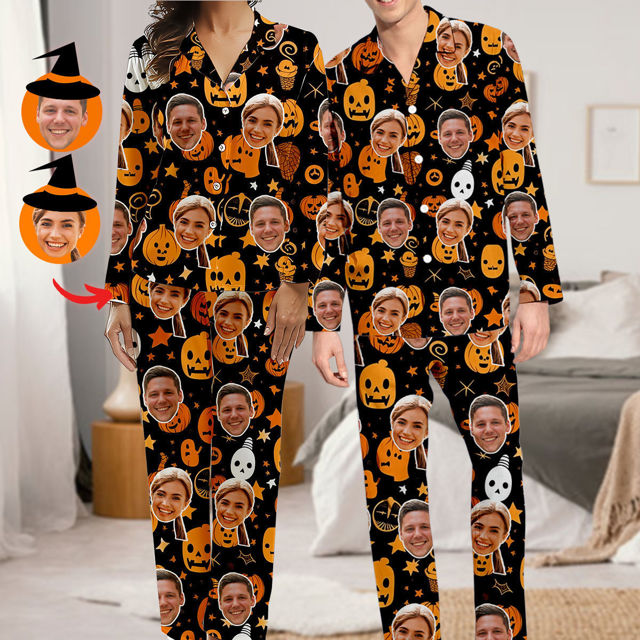 Picture of Personalized Pajamas - Halloween Themed Custom Pajamas - Personalized Face Long Sleeve Pajama Set - Pumpkin Face Theme