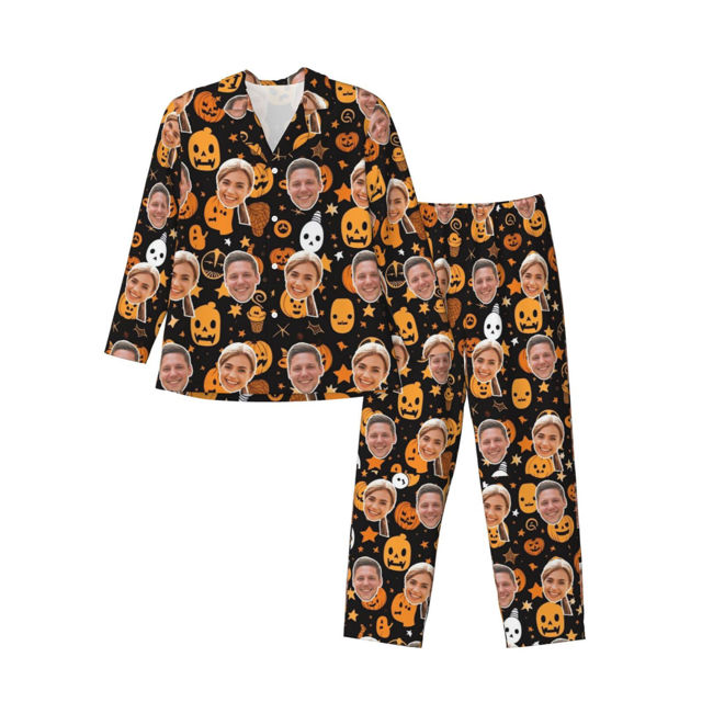 Picture of Personalized Pajamas - Halloween Themed Custom Pajamas - Personalized Face Long Sleeve Pajama Set - Pumpkin Face Theme