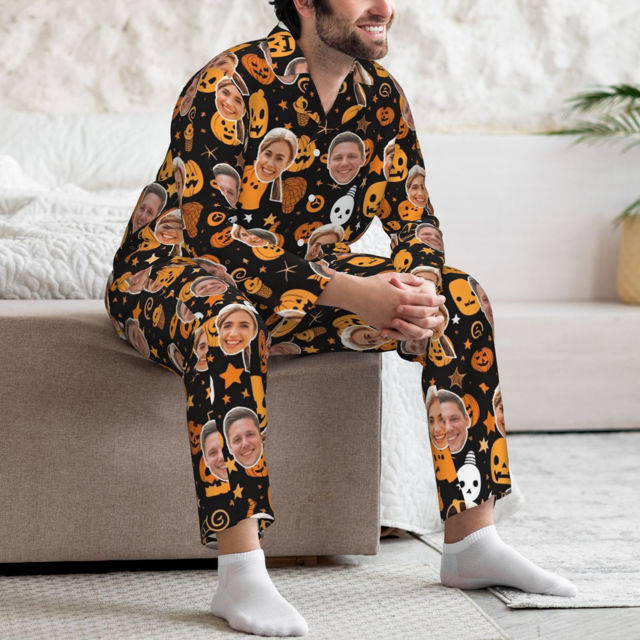 Picture of Personalized Pajamas - Halloween Themed Custom Pajamas - Personalized Face Long Sleeve Pajama Set - Pumpkin Face Theme