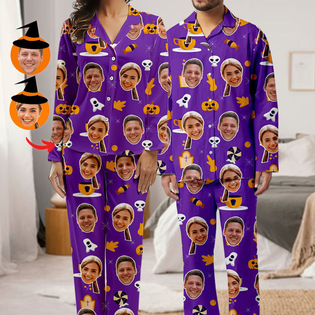 Picture of Personalized Pajamas - Halloween Themed Custom Pajamas - Personalized Face Long Sleeve Pajama Set - Purple Halloween Style